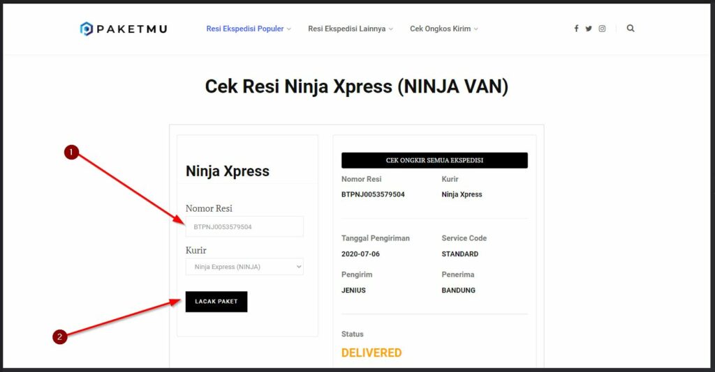 Input Nomor Resi Paket Ninja Express Di Situs Paketmu