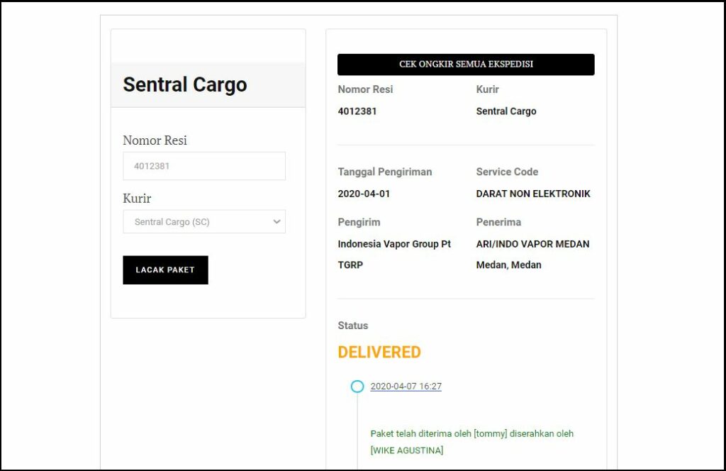 Contoh Hasil Pelacakan Resi Sentral Cargo