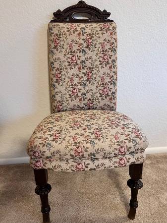Antique Victorian Custom Covered Floral Side Accent Chair With Wood Accent