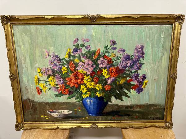 Still Life Flowers In Vase Oil On Canvas Unknown Artist Signed