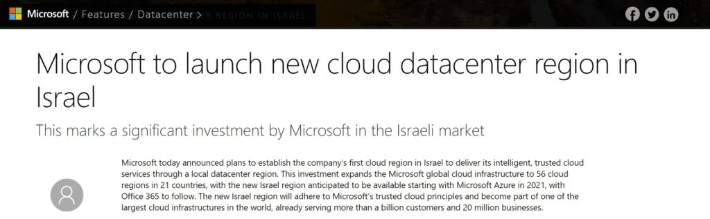 Microsoft To Launch New Cloud Datacenter Region In Israel